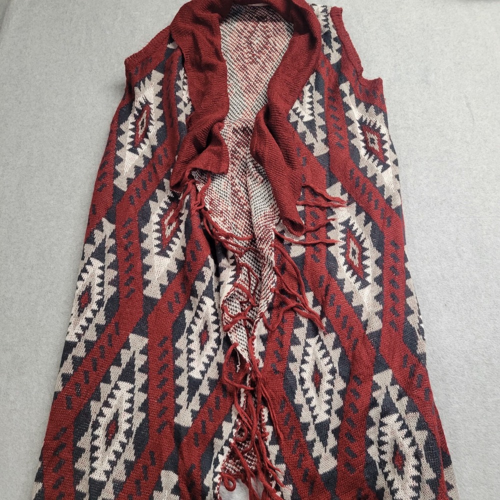 Altar'd State Womens Large Red Southwestern Fringe Knit Open Front Vest Cardigan